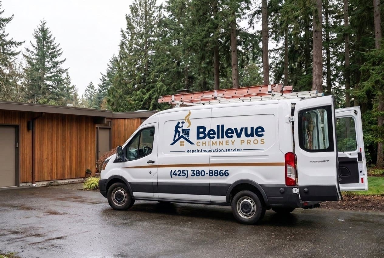 Chimney service van parked in a Bellevue residential driveway