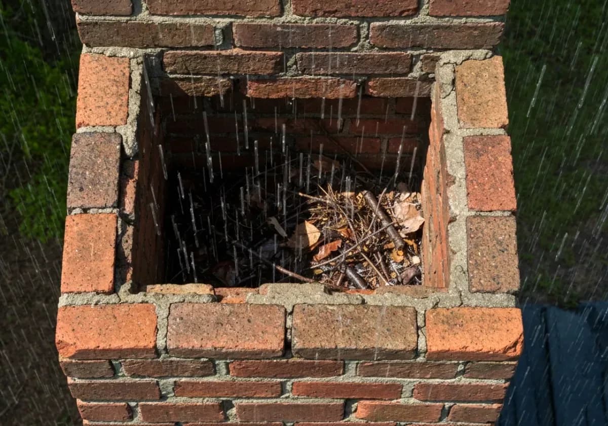 Before — chimney cap installation: A bare, weather-open flue finished with a stainless cap against rain and nesting animals.