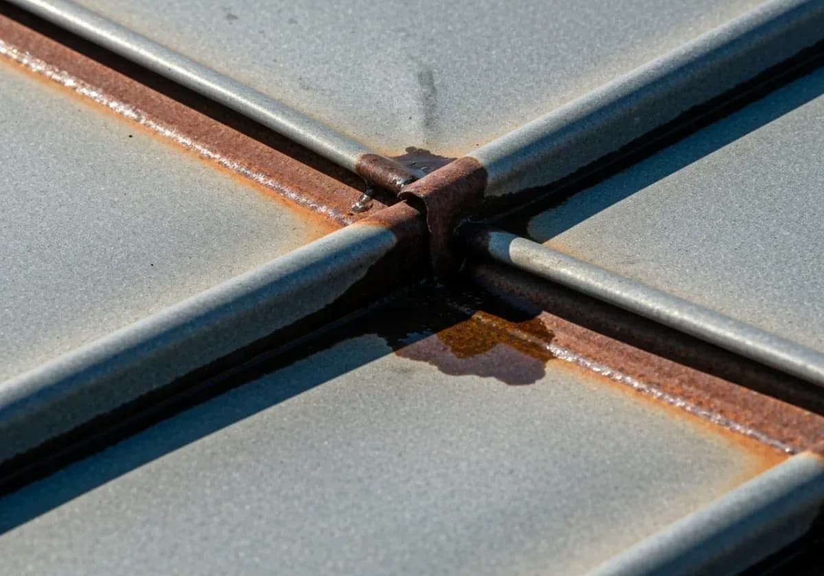 Before — chimney flashing repair: New step and counter-flashing at the roofline, replacing the rusted metal that leaked.