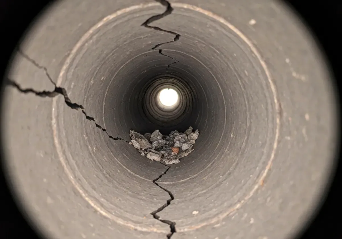 Before — chimney inspection: The camera going up the flue — and the liner defect a look from the hearth would never have found.