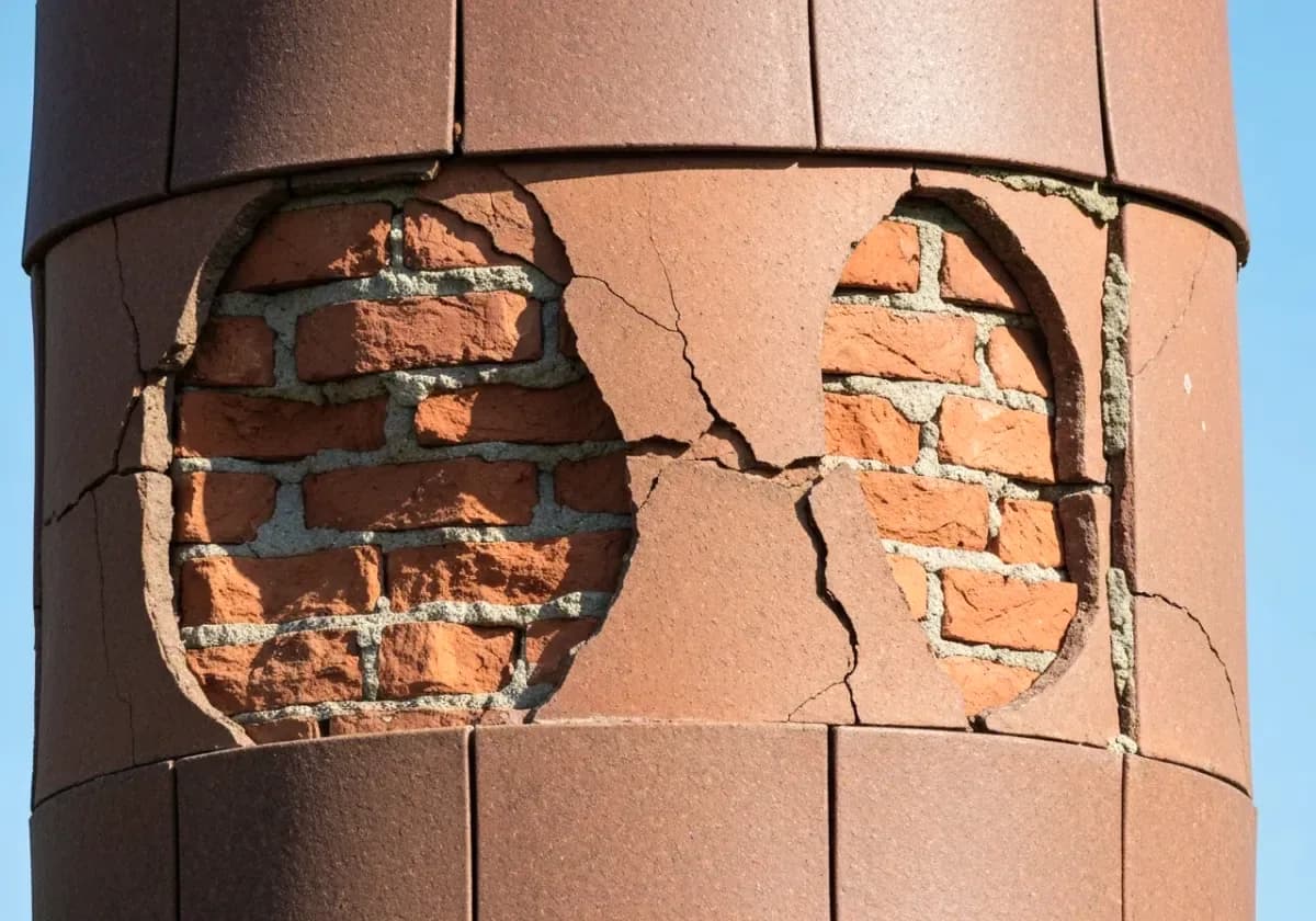 Before — chimney relining: A failed clay flue restored with a full-length, code-compliant stainless liner.