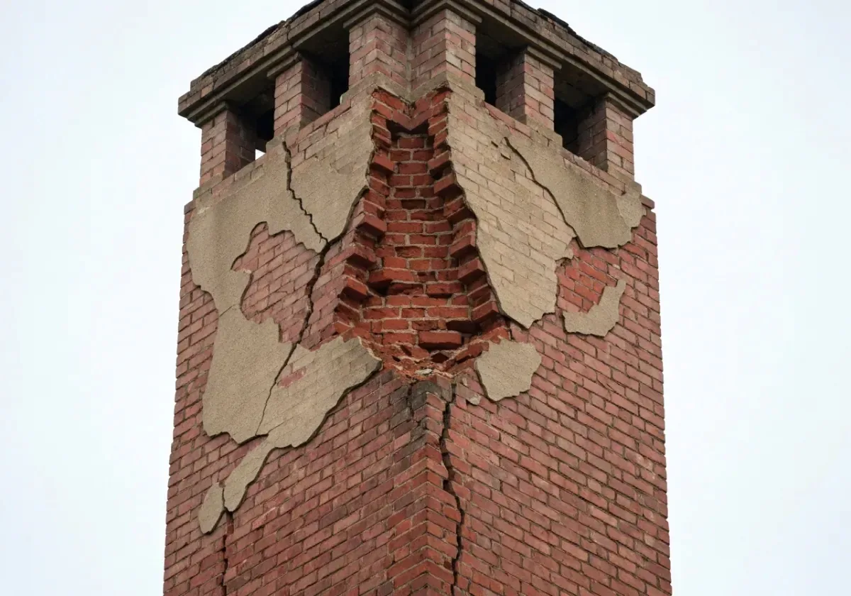 Before — chimney repair: Spalled courses and washed-out joints rebuilt into a stack that sheds rain again.