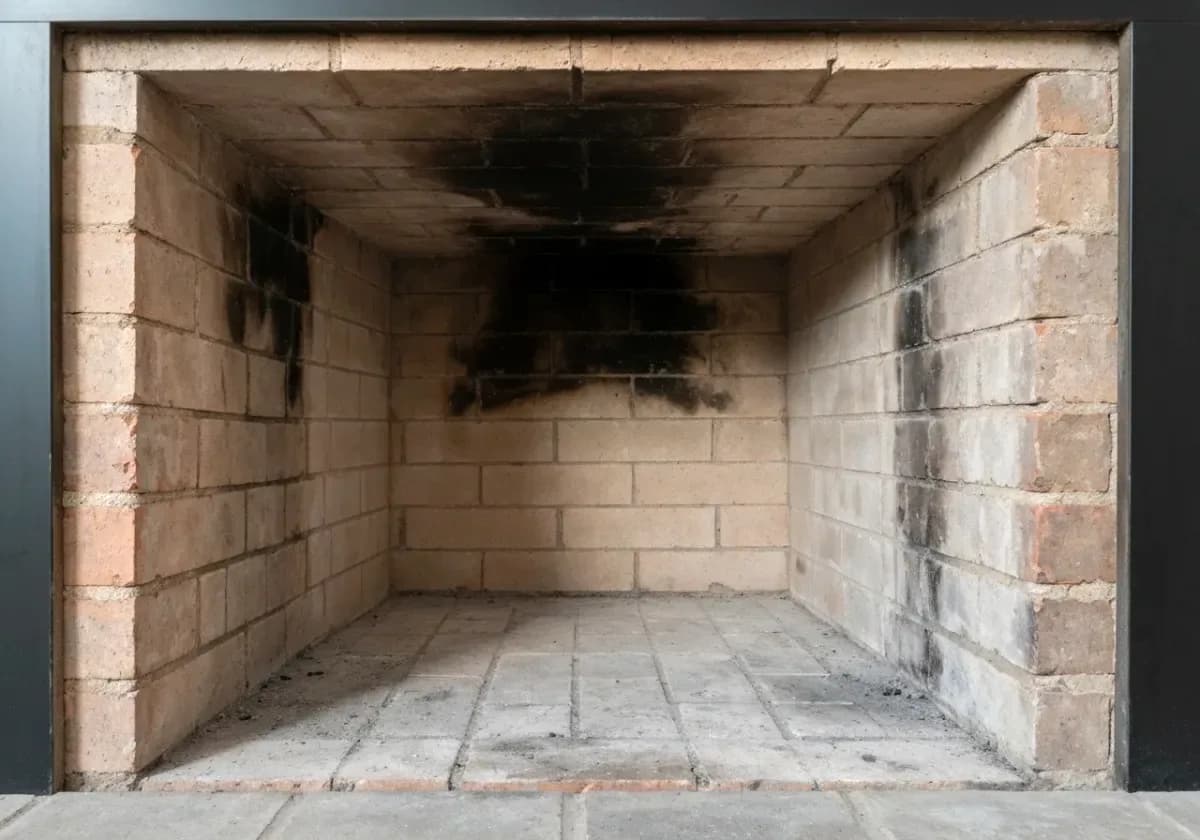 After — chimney sweep: A winter's worth of soot brushed out of the flue and smoke chamber, down to bare masonry.