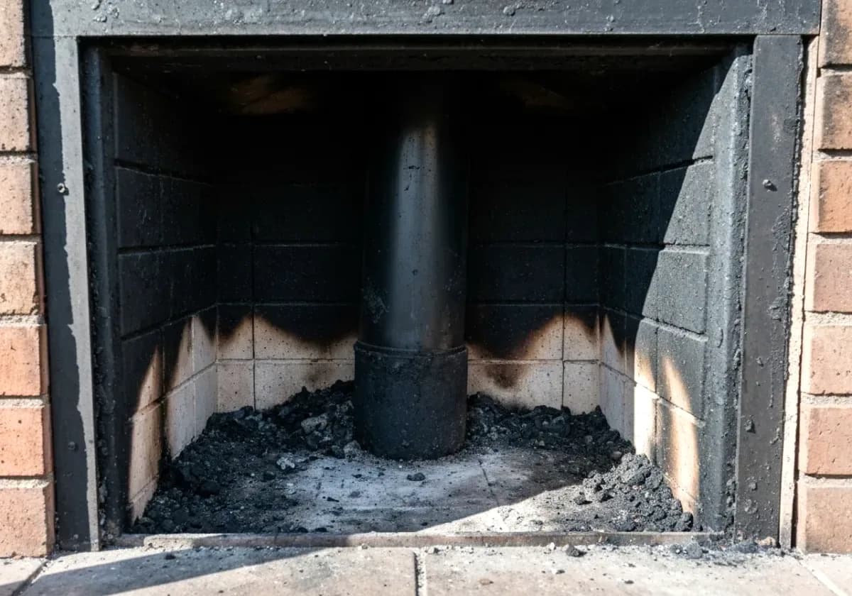Before — chimney sweep: A winter's worth of soot brushed out of the flue and smoke chamber, down to bare masonry.