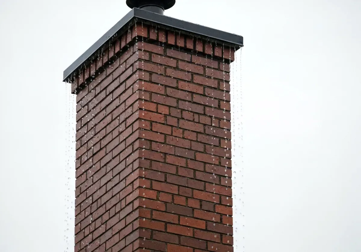 After — chimney waterproofing: Rain-soaked, stained brickwork treated with a breathable water repellent that lets it dry.