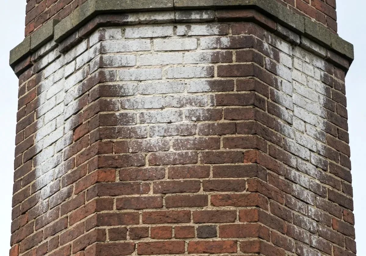 Before — chimney waterproofing: Rain-soaked, stained brickwork treated with a breathable water repellent that lets it dry.