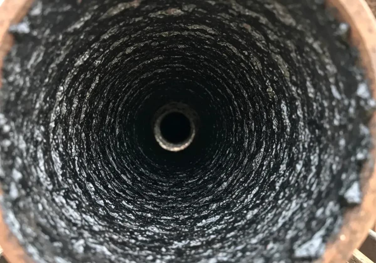 Before — creosote removal: Stage 3 glaze stripped from the flue walls — the fuel for a chimney fire, removed.