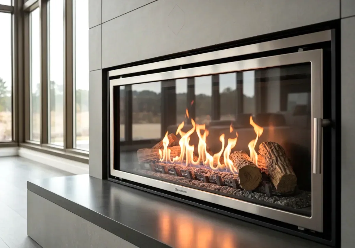 After — gas fireplace service: A neglected gas firebox serviced back to a steady, even flame behind clean glass.