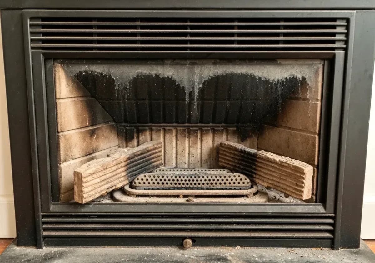 Before — gas fireplace service: A neglected gas firebox serviced back to a steady, even flame behind clean glass.