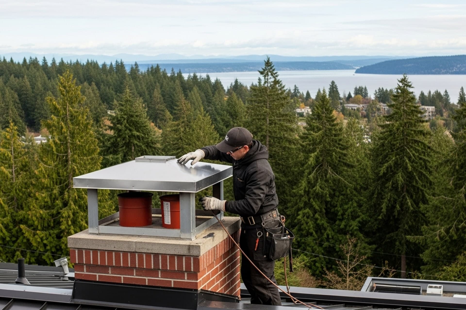 Chimney sweep technician inspecting a rooftop brick chimney on a Bellevue home