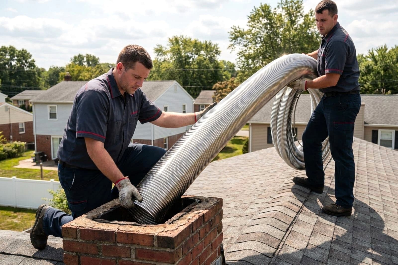 Chimney Relining in Washington — stainless steel chimney liner being installed
