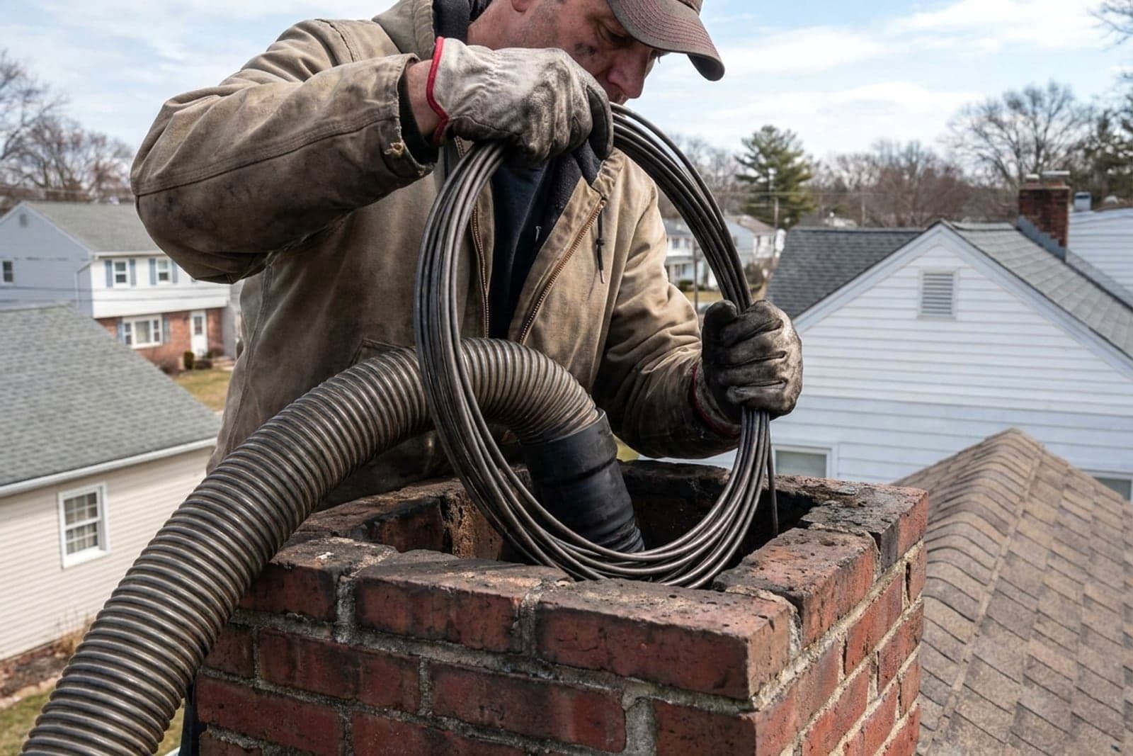 Chimney Sweep in Washington — chimney sweep cleaning a rooftop flue