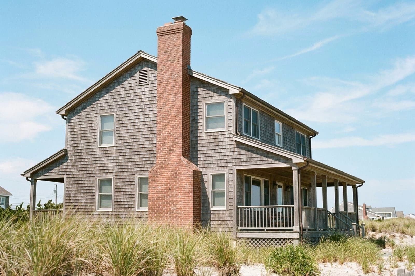 An Eastside lakefront home with a brick chimney